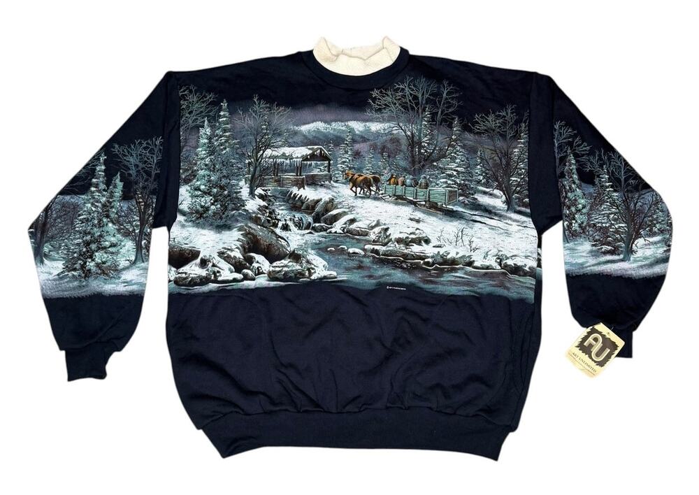 Vintage 90s Art Unlimited Winter Nature Horses AOP Wrap Around Sweatshirt
